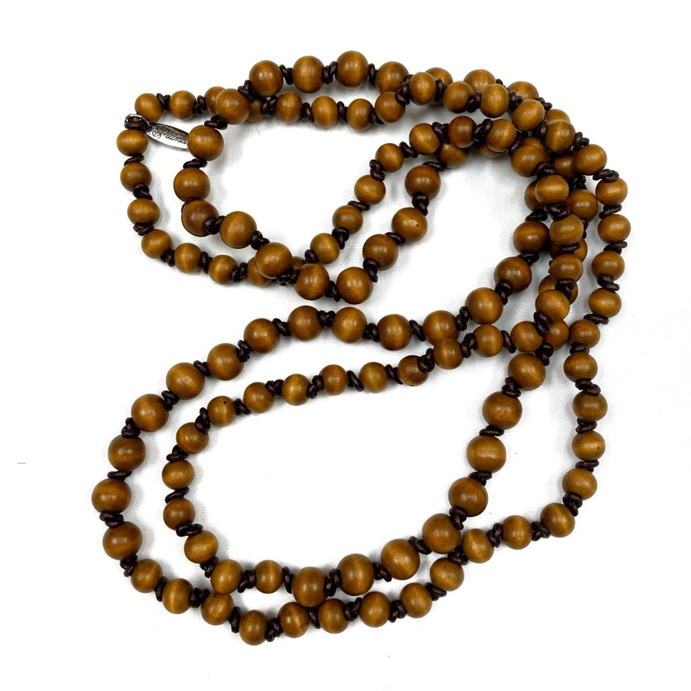 Plunder Design Larissa Necklace Extra Long Wood Beaded Hand Knotted Brown